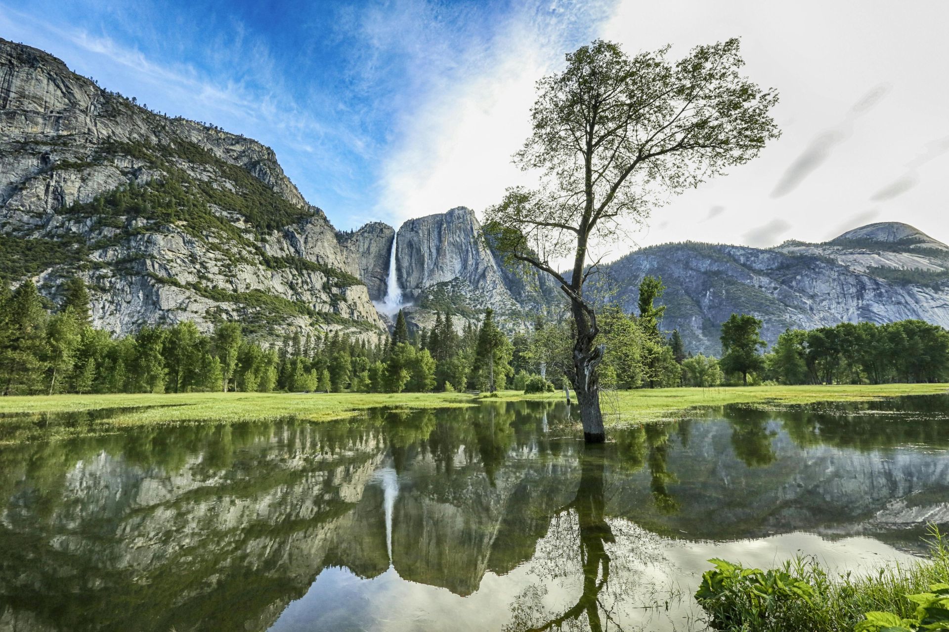 Beautiful view of Yosemite Valley showcasing a waterfall, reflections, and lush greenery.